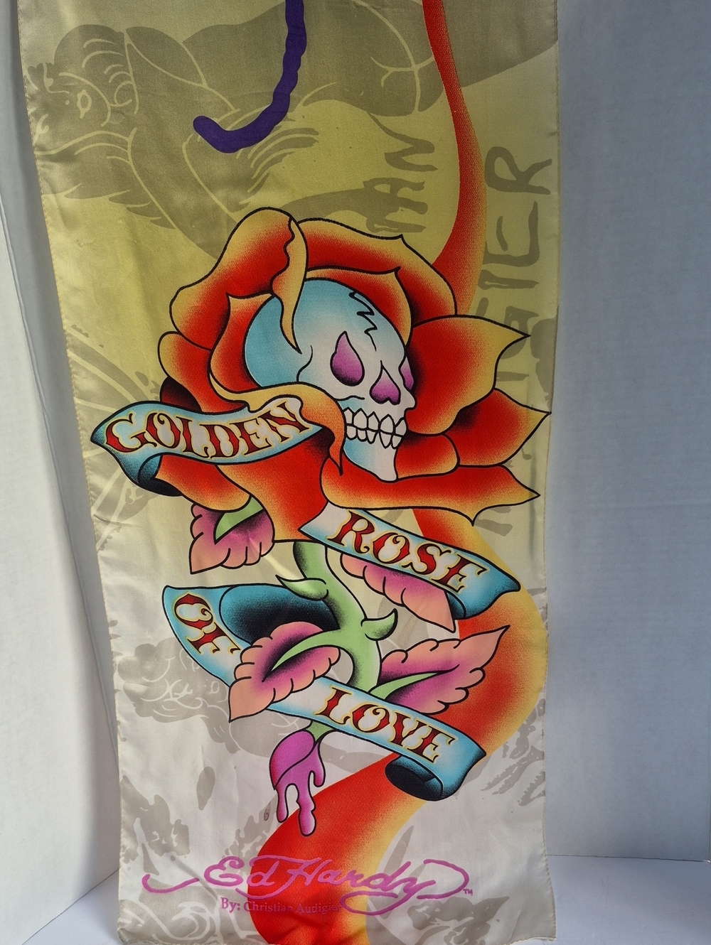 Authentic Ed Hardy Golden Rose of Love Long Silk Scarf - Multicolor